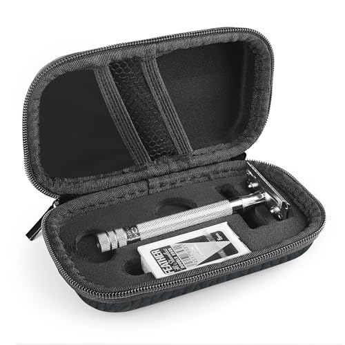 Linkidea Hard Travel Case Compatible with Vikings, Merkur, Shaving Revolution Double Edge Safety Razor, Storage Box Organizer for Safety Razor & Shaving Attachments (Lychee Vegan Leather), Black,