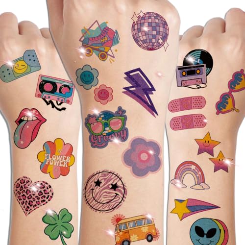 Glitter Groovy 70s Temporary Tattoos for Kids - 74 Individually Sheets Glitter Retro Flower Power, Smiley Decorations Tattoos Stickers for Boys Girls Party Supplies