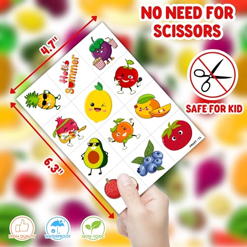 96PCS Fruit Pre-Cut Temporary Tattoos for Kids - Summer Themed Birthday Party Supplies, Cute Lemon, Orange, Strawberry, Watermelon Stickers, Fun Party Favors, School Prizes