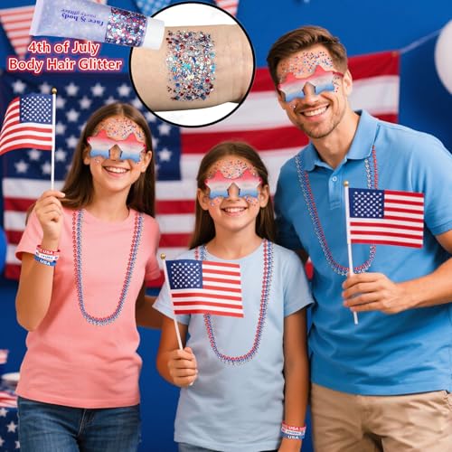 Go Ho 4th of July Outfits for Women,Red White and Blue Face Body Glitter Gel,9 PC Necklaces,3 Pairs Star Sunglasses and 6 PC Rubber Bracelets Wristbands Set for USA Patriotic Outfits Makeup