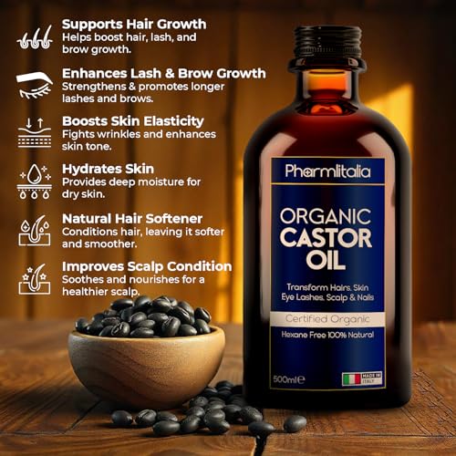 Caster Oil Organic Cold Pressed Unrefined Glass Bottle - Organic Golden Castor Oil for Face, Scalp, Eyelashes, Skin Care and Nails - Aceite De Castor Organico Puro - 500ml