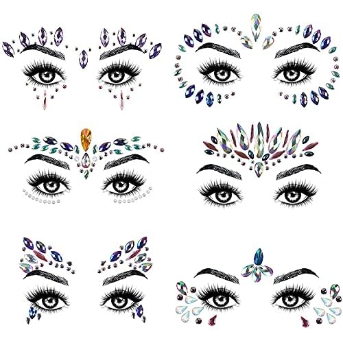 AOMIG Face Gems Glitter, 6 Pcs Rhinestone Face Glitter Stickers, Mermaid Face Jewels Stick On, Crystal Tears Gem Stones Eyes Face Body Temporary Tattoos Stickers for Christmas Makeup Gift