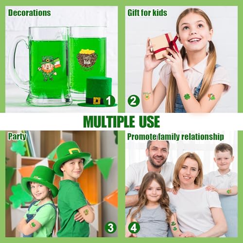 Partywind Glitter St Patrick's Day Tattoos for Decorations, Saint Patrick's Day Accessories for Kids Party Supplies, Irish Shamrock Tattoo Stickers for Green Day Party