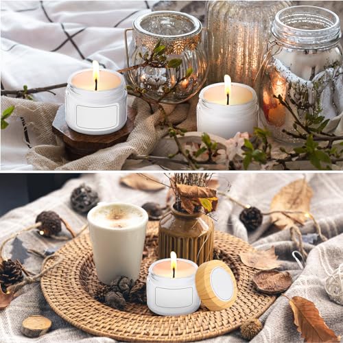 Layhit 24 Pcs 50 ml Cosmetic Glass Jars with Lids 1.69 oz Small Jars with Plastic Woodgrain Lids, White Labels and Inner Liners Empty Round Cosmetic Containers for Creams Lotions Powder Candle Making