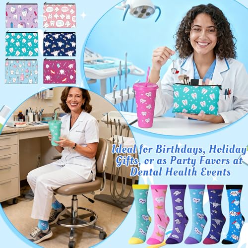 24 Pcs Dental Assistant Gifts Set 24 oz Teeth Plastic Tumbler Cup with Lid Straw Tooth Cosmetic Bag Novelty Teeth Sock Tooth Shape Keychains Dentist Hygienist Accessories for Women