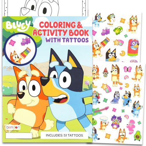 Bluey Temporary Tattoos Party Pack - Bundle with 50+ Temporary Tattoos and Coloring Book with Activity Pages, Games, More | Bluey Party Supplies