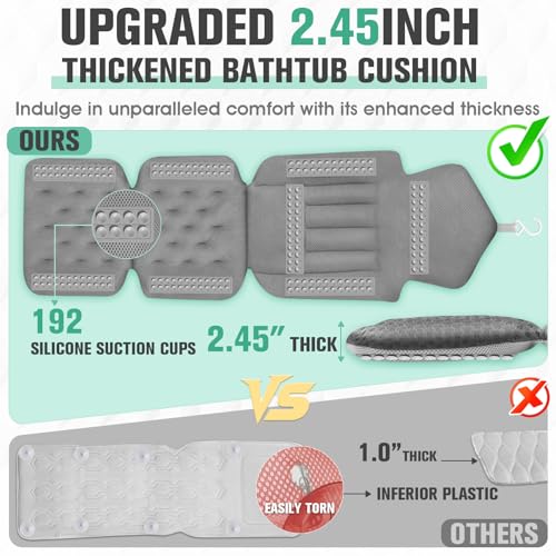 Upgraded Full Body Bath Pillow for Bathtub,Luxury Thick Bath Cushion for Soaking Tub with 192 Suction Cups,Full Body Bathtub Pillows for Head and Neck Shoulder Support,4D Air Mesh, 53" x 16" Dark Gray