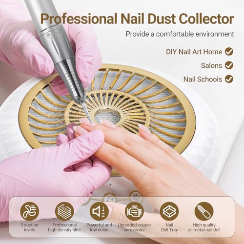 2 in 1 Nail Dust Collector Quiet , 5000RPM Vacuum Fan Extractor with Reusable Filter & 30000RPM Electric Nail Drill File Professional with 6 Bits - Home/Salon Use, Pros Tech & Beginners