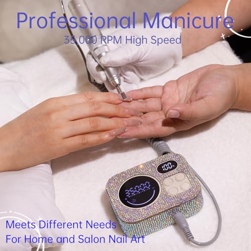Professional Rechargeable Nail Drill 35000 RPM, Diamond Glitter Electric Nail File for Shaping, Removing & Polishing Gel Nails, Portable & Easy to Use, Ideal for Home & Salon Manicure Pedicure
