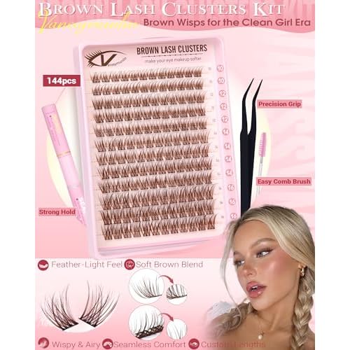 Natural Brown Lash Clusters Kit Wispy Eyelashes Clusters Kit C Curl Cluster Eyelash Extensions 10-16mm Cluster Lashes DIY Eyelash Clusters Waterproof Individual Lashes Extension Kit with Brush