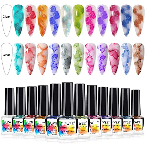 12 Colors Glitter Watercolor Ink Nail Polish Set with 8 Colors Pure Color Blooming Nail Polish Watercolor Nail Art Kit