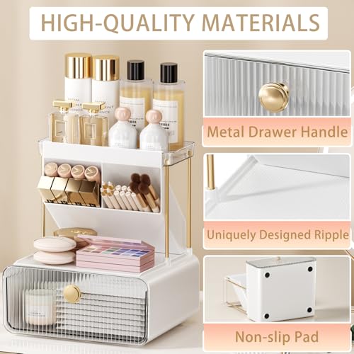 Makeup Organizer with Drawer for Vanity, 2 Tier 5 Zones Cosmetic Display Case Detachable, Cosmetic Storage Perfume Shelf for Bathroom Counter, Perfect Storage Solution for Your Beauty Essential(Clear)