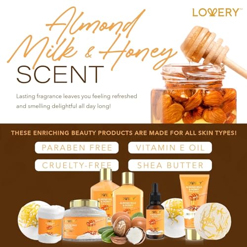 Gifts for Women Gift Basket for Women - 10 Pc Almond Milk & Honey Beauty & Personal Care Set - Home Bath Pampering Package for Relaxing - Spa Self Care Kit - Birthday, Mom, Anniversary Gift