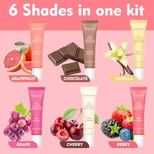 KIMUSE 6 Pcs Tinted Lip Butter Hydration Balm Set, 6 Flavored Shades Hydrating Plumping Gloss with Hyaluronic Acid & Vitamin E, Sheer Tint, Non-Sticky | Vegan Lip Care Makeup for Dry Lips & Daily