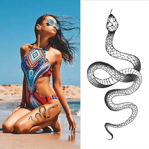 Fashion Realistic Big Size Black Snake Temporary Tattoo Stickers for Women Men Waterproof Fake Tattoo Waist Body Forearm Arm (Pack of 4)