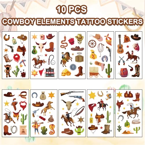 Hying 12 Sheets Cowboy Temporary Tattoos Westworld Cowboys Tattoos Stickers Waterproof Cartoon Makeup Face Tattoos for Birthday Party Decorations