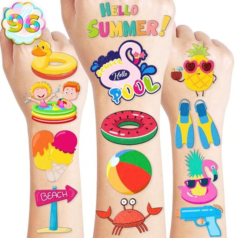 96PCS Beach Pool Temporary Tattoos ? Summer Vacation Theme Birthday Party Decorations, Fun Water Play Stickers for Kids Boys Girls, Party Favors, School Gifts & Rewards