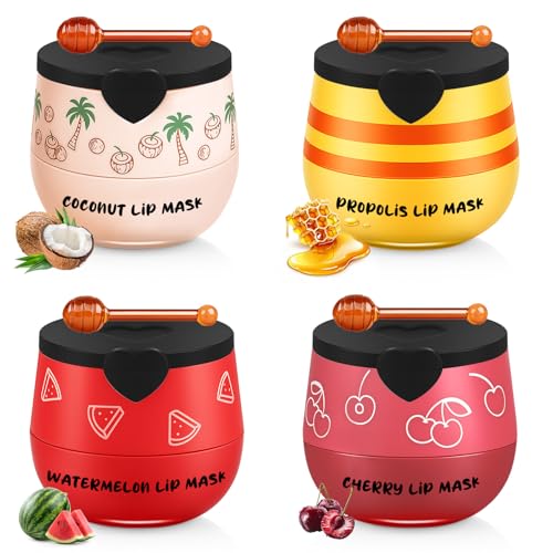 4PCS Bee Lip Balm Honey Pot Cherry Watermelon Coconut Honey Lip Balm, Moisturizing Sleeping Lip Mask Overnight, Prevention Dry and Cracked Lips