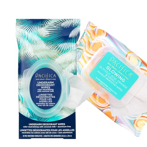 Pacifica Underarm Deodorant Wipes & Makeup Remover Face Wipes Bundle ? Aluminum-Free Odor Control & Facial Cleansing Towelettes, 2-Pack (30ct Each, 60 Total) ? Vegan, Cruelty-Free Travel Essentials