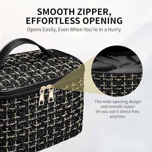 Makeup Bag, Luxury Tweed Cosmetic Bag for Women, Large Capacity Toiletry Bag Portable Organizer Pouch with Handle