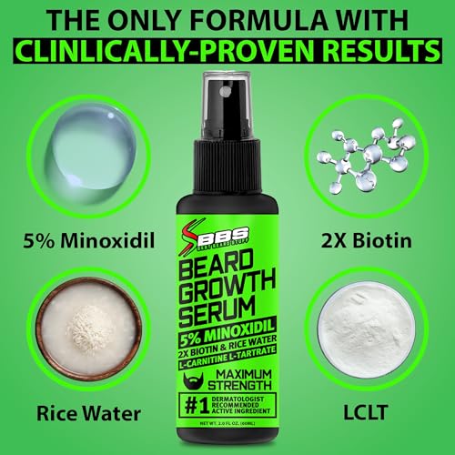 Minoxidil for Beard Growth ? 5% Serum with 2X Biotin & Rice Water, Promotes Thicker, Fuller Facial Hair, Ideal for Patchy Areas, Revitalizes Follicles