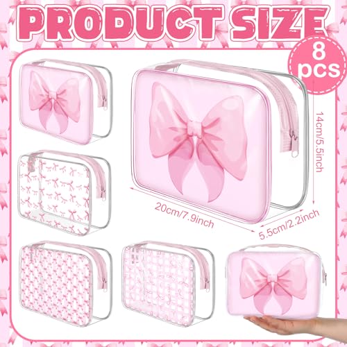 12 Pcs Clear Pink Bow Makeup Bags Bulk for Women PVC Coquette Cosmetic Bag with Zipper Travel Toiletry Pouch Pink Bow Team Gifts for Birthday Coquette Party Favor Storage Accessories