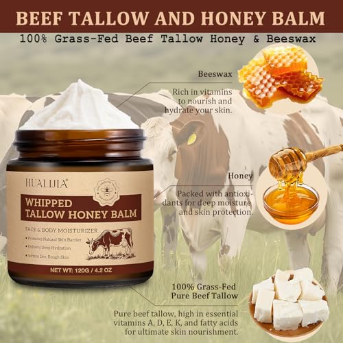 Organic Beef Tallow for Skin, Tallow and Honey Balm (4.2 Oz), Tallow Face Moisturizer, Grass Fed Whipped Beef Tallow with Honey Beeswax - Deeply Hydrates and Moisturizes Face Body, Unscent, No Greasy