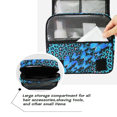 Hanging Toiletry Bag for Women Blue Leopard Butterfly Print Makeup Bag Travel Essentials Toiletries Organizer Bag Cheetah Print Cosmetic Bag Foldable