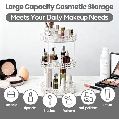360 Rotating Makeup Organizer, 3 Tier Diamond Pattern Perfume Organizer, 10.7" Large Capacity Skincare Lotion Organizer, Designed for Vanity and Bathroom Countertops, Clear
