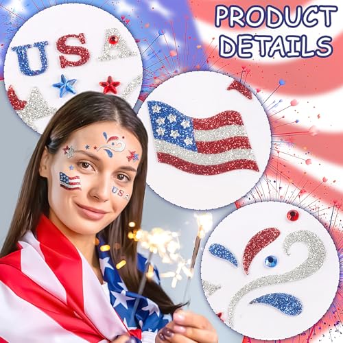 4th of July Face Gems, Fourth of July Celebration Face Jewels, Patriotic Tattoo with USA Flag Stars Designs, Sparkle Glitter Red Blue Silver for Independence Day, Parades, Parties 2 Sheets (style1)