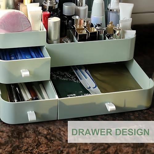 Makeup Organizer for Vanity, Large Countertop Organizer with Drawers, Cosmetics Storage for Skin Care, Brushes, Eyeshadow, Lotions, Lipstick,Nail Polish.Great for Dresser, Bathroom, Bedroom-Green