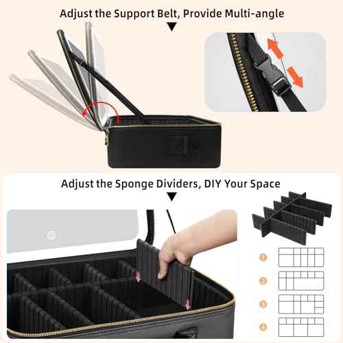 15¡°¡¿11¡°Professional Makeup Train Case,Large Waterproof Travel Makeup bag with Mirror and Light, Leather Black Make up Bag with Mirror and Light,Led Makeup Case with Adjustable Dividers