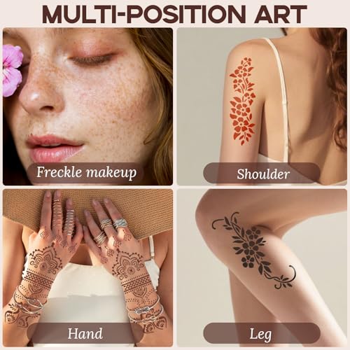 Temporary Tattoo Stencil Kit 10 Sheets, 6 Pcs Tattoo Cones 3 Color (Black/Brown/Cherry Red) with Brush/cotton swabsTool, India Art Skin Painting Designs for Women Men Kids DIY Gifts