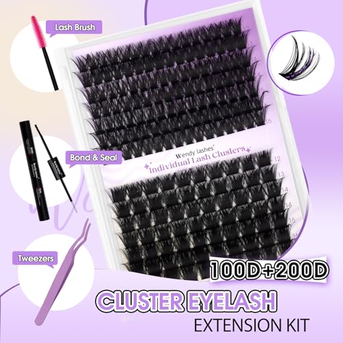 Lash Clusters Kit for Using at Home: Lightweight, DIY, Natural, Fluffy, Wispy, Waterproof, Anime, Manga, Cat Eye, C Curl, 12-16mm, 100P+200P, Wendy, RT318