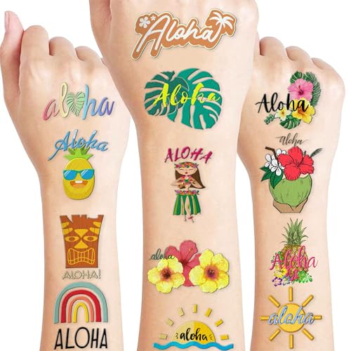 100 PCS Aloha Hawaiian Luau Temporary Tattoos Themed Birthday Party Decorations Favors Supplies D?cor Tropical Hibiscus Plumeria Hawaii Tattoo Stickers Gifts For Game Boys Girls Classroom School