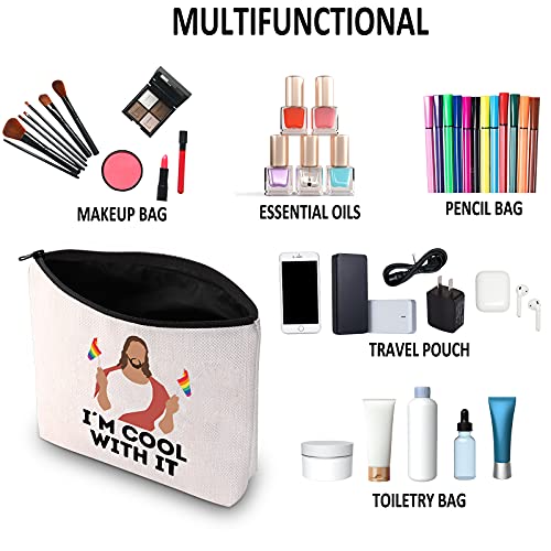 G2TUP LGBTQ Pride Gift Jesus I'm Cool With It Makeup Bag Gay Pride Rainbow Cosmetic Bag Travel Pouch with Zipper Support LGBT Gift (Cool With It White Bag)