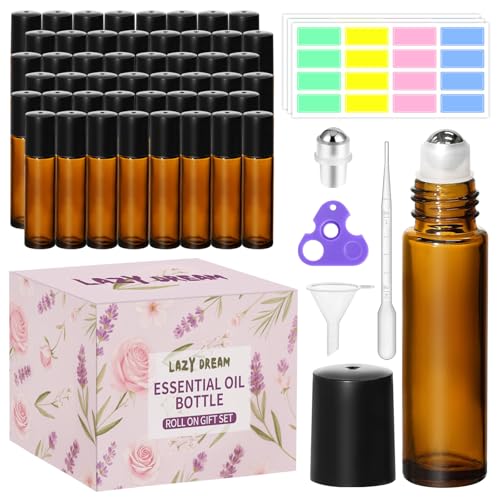 48 Pack 10ML Roller Bottles for Essential Oil, Empty Amber Glass Roller Bottle for Perfume Oil, Roll on Bottles with Stainless Steel Roller Balls, Opener, Funnel and Dropper for Aromatherapy, Massage