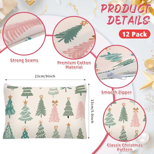 12 Pcs Christmas Makeup Bags Christmas Canvas Cosmetic Bags Bulk 9 x 6 Inches Pencil Pouch with Zipper Travel Toiletry Pouch for Women Winter Holiday Xmas Party Favor Gift(Cute Pink)