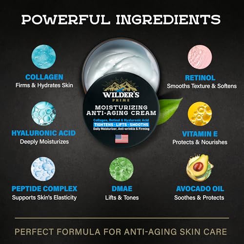 Men's Face Moisturizer Cream - Anti Aging & Wrinkle - Men's Shave Lotion - Made in USA - Collagen, Hyaluronic Acid, Vitamins E & A, Avocado Oil - Age Facial Skin Care, Day & Night Moisturizing, 2 oz