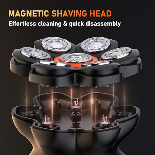 Roziahome Electric Razor for Men Bald Head Shaver 5 in 1 Grooming Kit Rechargeable Cordless Wet Dry Rotary Shaver Clippers Nose Hair Trimmer Facial Cleansing Brush Pop-up Trimmer