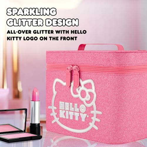 Hello Kitty Large Cosmetic Travel Case Organizer, Portable Makeup Box with Mirror and Dual Zipper