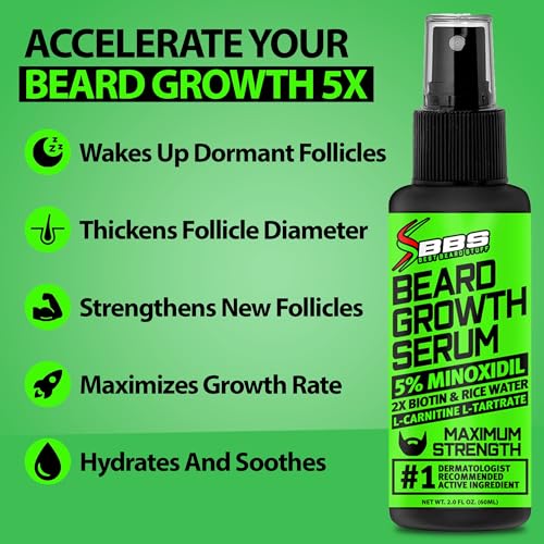 Minoxidil for Beard Growth ? 5% Serum with 2X Biotin & Rice Water, Promotes Thicker, Fuller Facial Hair, Ideal for Patchy Areas, Revitalizes Follicles