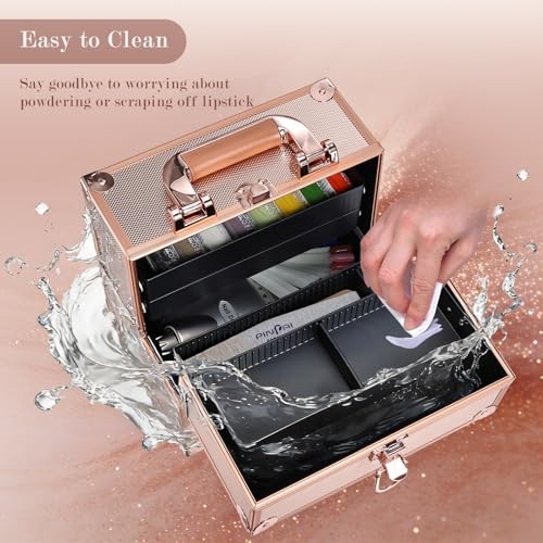 FRENESSA Makeup Train Case Makeup Case Travel Cosmetic Box Organizer Portable Make Up Box with Dividers Lockable for Artist Nail Sewing Vanity Storage Makeup Travel Case Rose Gold