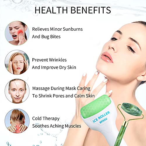 Facial Roller Set of 3, Ice Roller, Two-Sided Jade Roller and Gua Sha Massage Tool, Rolling Tool for Facial Beauty and Body Massage, Helps Reduce Puffy,Skin Care Gifts (Green)