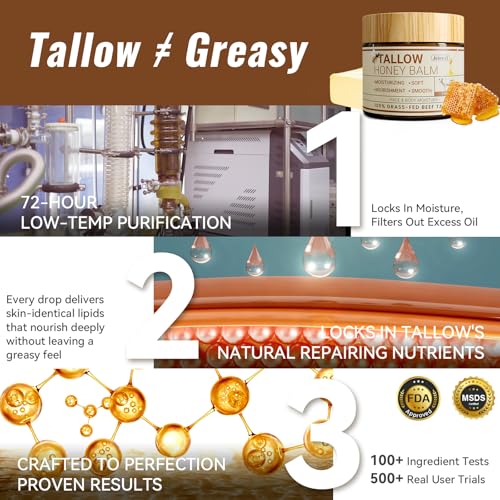 Organic Beef Tallow for Skin, 100% Grass-Fed Tallow and Honey Balm for Face Body Moisturizer for Aging Dry Sensitive Skin, Deep Hydration & Nourishment 2 OZ
