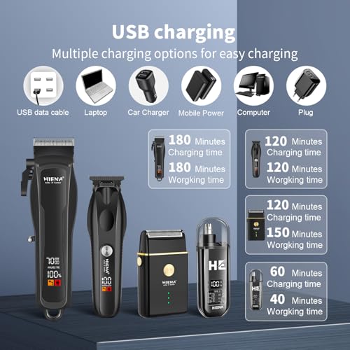 HIENA PRO Hair Clippers for Men Professional, Cordless Barber Clipper T-Blade Beard/Hair Trimmer Electric Razor Foil Shaver Set, Men's Hair Cutting Kit with LED Display, Barber or Home Use