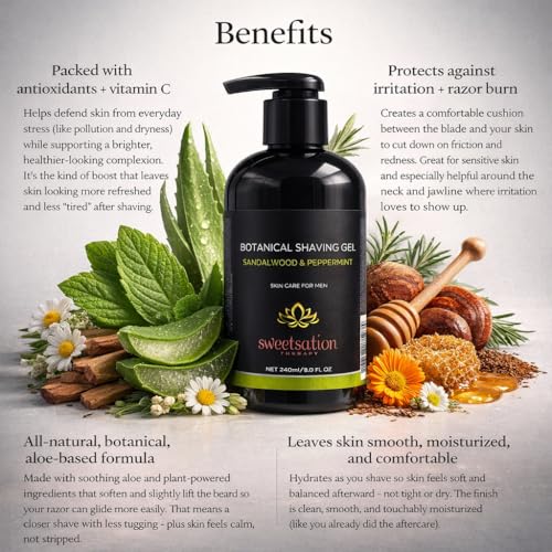 Botanical Shaving Gel, Sandalwood & Peppermint, 8oz All Natural Skin Care. For Smooth Gentle Shave.