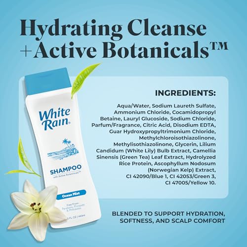 White Rain Moisturizing Shampoo - Ocean Mist Scent, Pack of 2 (15 fl oz Each), Hydrating Shampoo for Men & Women, Paraben-Free & Cruelty-Free with White Lily, Green Tea & Rice Protein