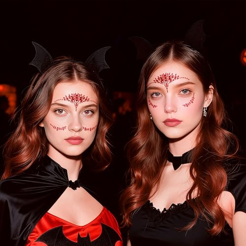 Red Face Gems Rhinestone Temporary Tattoo Sticker Halloween Eye Body Face Tattoos Party Makeup Self-Adhesive Face Jewels Crystal Makeup Diamonds Holiday Festival Party Supplies 2PCS