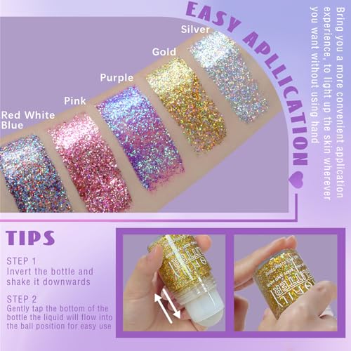 Roll-on Holographic Body Glitter Gel for Face Hair, Chameleon Color Changing Glitter Gel Under Light, Chunky Mermaid Sequins Festival Party Rave Accessories Shimmer Makeup (Gold)